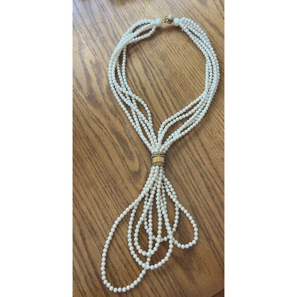 Vtg DELILLO Long Necklace Multi Strand Faux Pearl Beads String Knotted Signed - Picture 2 of 10